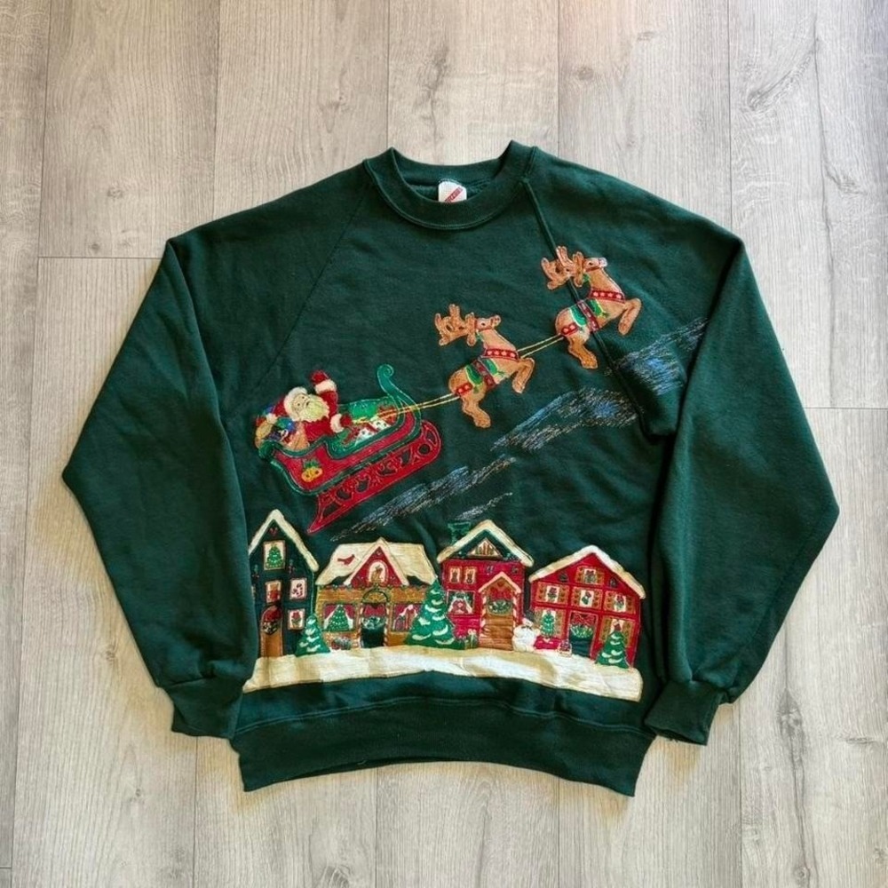 Vintage Jerzees ugly Christmas sweatshirt Santa sleigh holiday kitsch